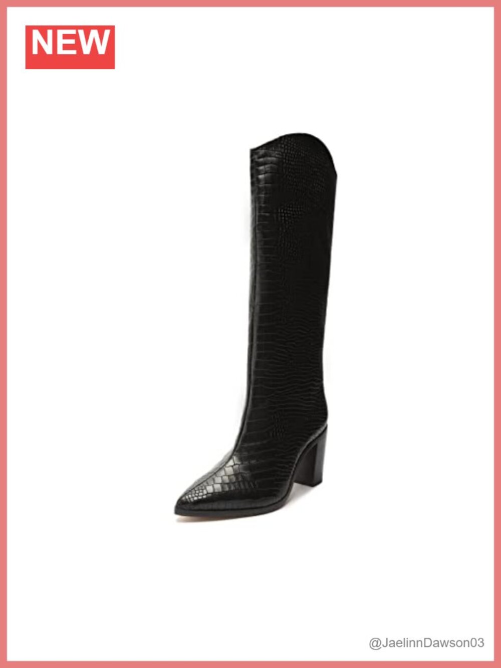 Croc-Embossed Leather Pointed Toe Block Heel Calf High Boots